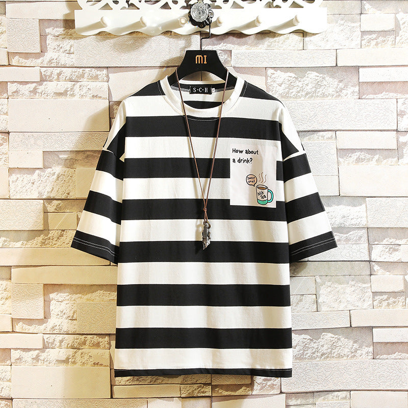 New Men's Fashion Striped Round Neck Short-sleeved T-shirt