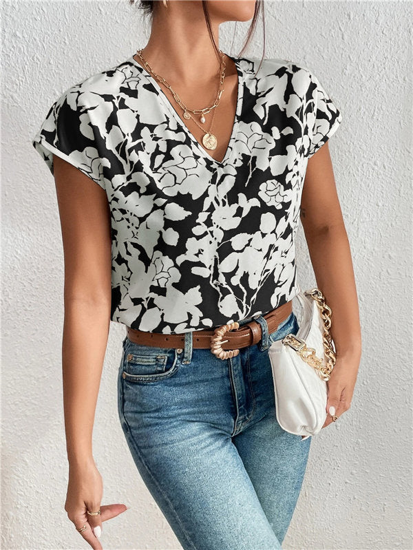 European And American Fashion V-neck Short Sleeve Printed Top