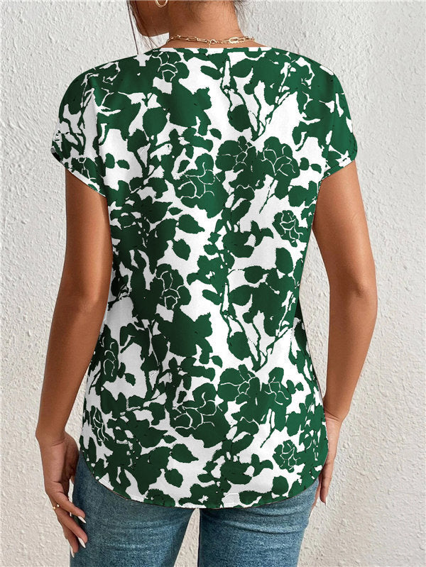 European And American Fashion V-neck Short Sleeve Printed Top